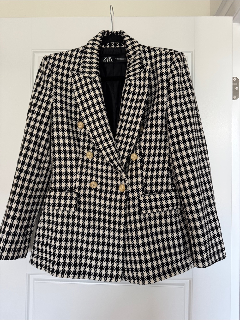 Zara Black & White Houndstooth Double-Breasted Blazer with Gold Buttons